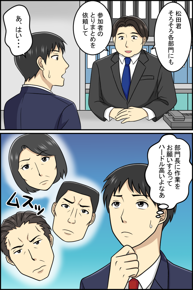 オフィスにて「松田君。そろそろ各部門にも参加者のとりまとめを依頼して」「あ、はい…。部門長に作業をお願いするってハードル高いよなぁ。」